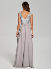 A-Line Round Neck Sequins Prom Dresses With Split