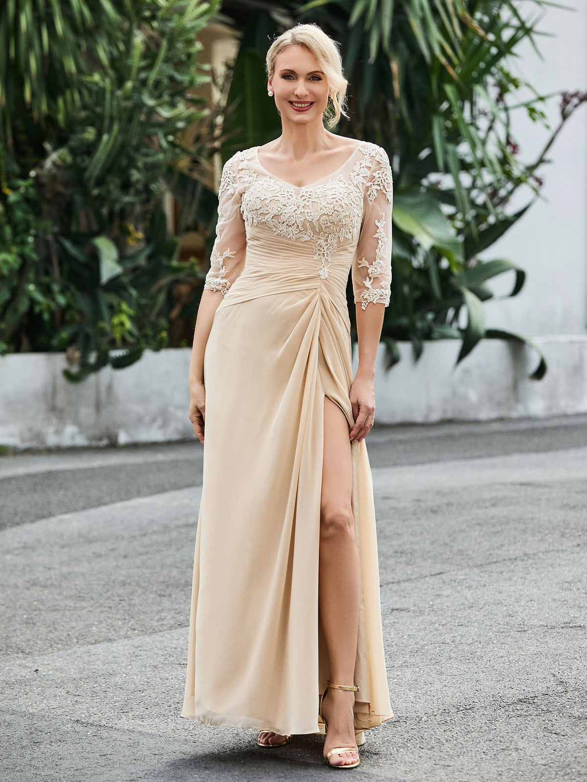 Half Sleeve Floor-length Dress with Slit Champagne
