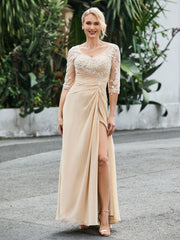 Half Sleeve Floor-length Dress with Slit Champagne