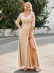 Half Sleeve Floor-length Dress with Slit Champagne