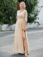 Half Sleeve Floor-length Dress with Slit Champagne