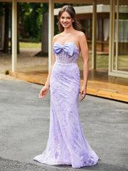 Bow-Front Lace Appliqued Trumpet/Mermaid Gown Lilac