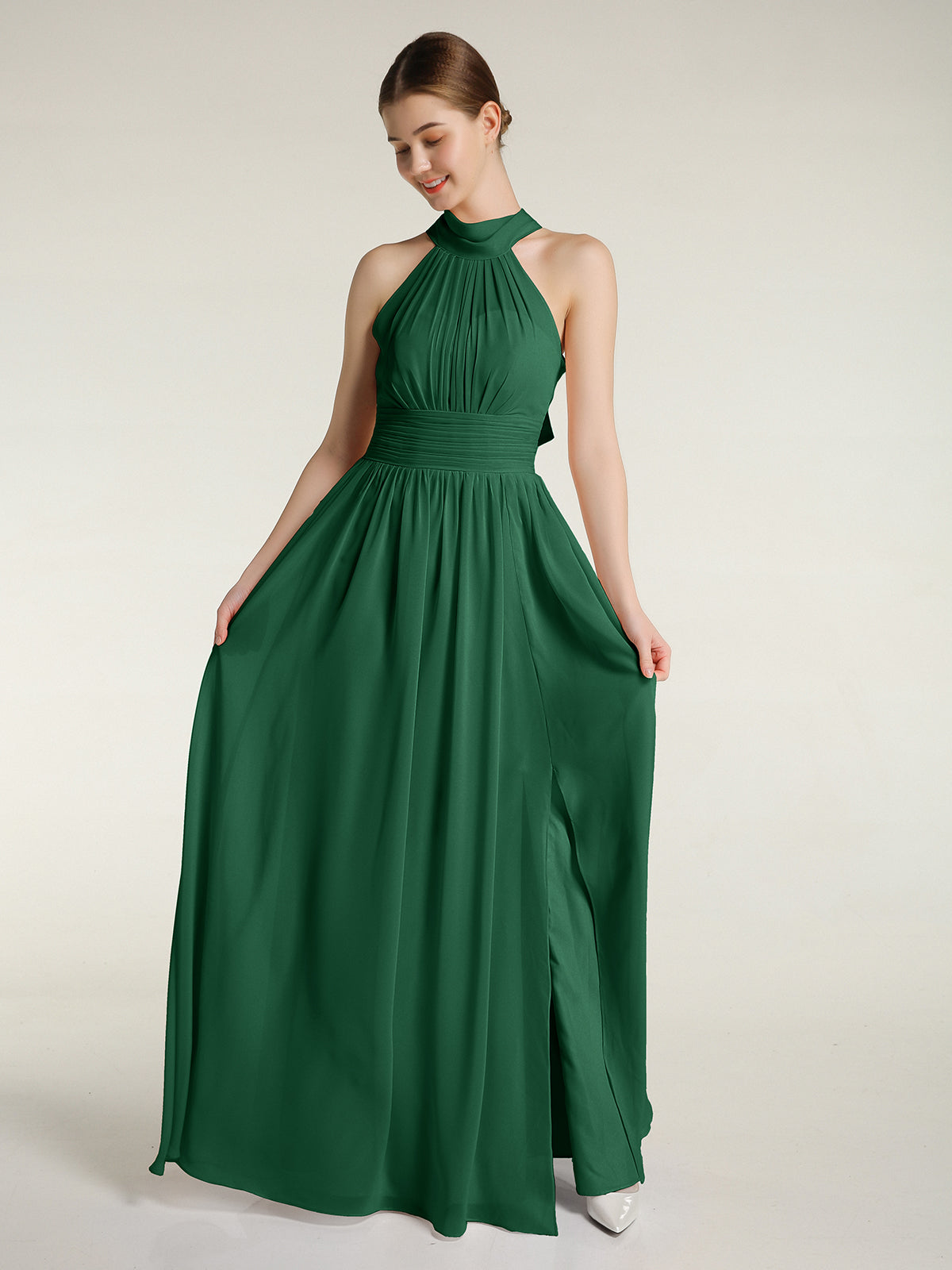 High Neck Full Length Dresses with Slit Dark Green