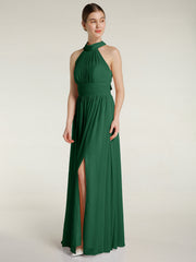 High Neck Full Length Dresses with Slit Dark Green