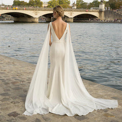 Beach Simple Soft Satin V Neck Mermaid Minimalist Wedding Dresses With Train/No Veils