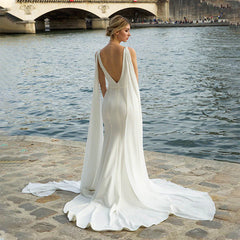 Beach Simple Soft Satin V Neck Mermaid Minimalist Wedding Dresses With Train/No Veils