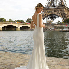 Beach Simple Soft Satin V Neck Mermaid Minimalist Wedding Dresses With Train/No Veils