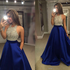 Beaded Halter Satin Ball Gown Prom Dresses With Pockets