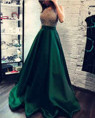 Beaded Halter Satin Ball Gown Prom Dresses With Pockets