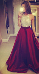 Beaded Halter Satin Ball Gown Prom Dresses With Pockets