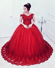 Beaded Lace V-neck Off Shoulder Tulle Ball Gowns Quinceanera Dresses