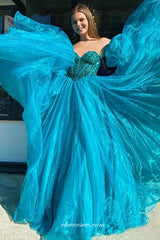 Beaded Organza Sweetheart Strapless With Puffy Sleeves Prom Dress, CP1106