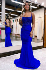 Beaded 2024 Royal Blue Prom Dress Lace Backless Mermaid Long Formal Dress
