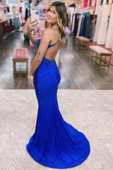 Beaded 2024 Royal Blue Prom Dress Lace Backless Mermaid Long Formal Dress