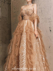 Beaded Ruffles Tulle Sweetheart Off The Shoulder Charming Prom Dresses, CP0800