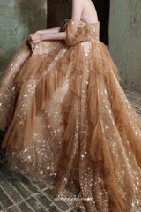 Beaded Ruffles Tulle Sweetheart Off The Shoulder Charming Prom Dresses, CP0800