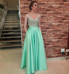 Beading Satin Long Prom Dresses With Pockets
