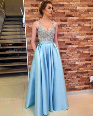 Beading Satin Long Prom Dresses With Pockets