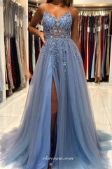 Beading V-neck Dusty Blue Tulle Side Slit Fashion Prom Dresses, CP0875