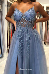 Beading V-neck Dusty Blue Tulle Side Slit Fashion Prom Dresses, CP0875