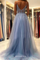 Beading V-neck Dusty Blue Tulle Side Slit Fashion Prom Dresses, CP0875