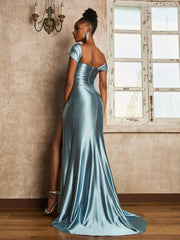 One Shoulder Long Dress with Shoulder Ruched Dusty Blue