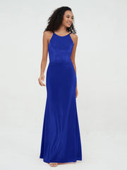 Scoop Neck Velvet Dresses with Sweep Train Royal Blue