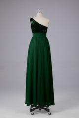 Mooie pailletten one-shoulder bruidsmeisje jurk met zakken