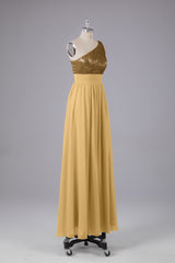 Mooie pailletten one-shoulder bruidsmeisje jurk met zakken