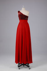 Mooie pailletten one-shoulder bruidsmeisje jurk met zakken