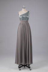 Mooie pailletten one-shoulder bruidsmeisje jurk met zakken