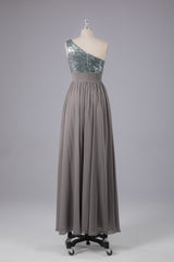 Mooie pailletten one-shoulder bruidsmeisje jurk met zakken