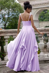 Beautiful A-line silhouette chiffon V-neck thin shoulder strap and sleeveless ruffle edge zipper closure Bridesmaid Dresses