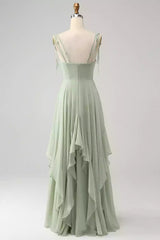 Beautiful A-line silhouette with thin shoulder straps, chiffon ruffles, V-neck and floor Bridesmaid Dresses