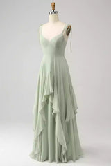 Beautiful A-line silhouette with thin shoulder straps, chiffon ruffles, V-neck and floor Bridesmaid Dresses
