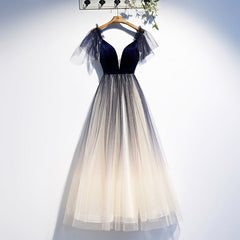 Beautiful Blue Gradient Tulle Short Sleeves Party Dresses, Blue Evening Dress Prom Dresses
