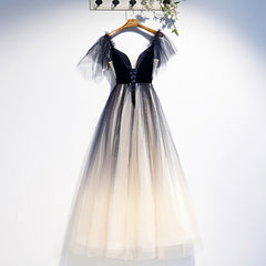 Beautiful Blue Gradient Tulle Short Sleeves Party Dresses, Blue Evening Dress Prom Dresses