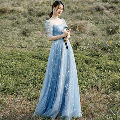 Beautiful Blue Short Sleeves A-line Beaded Tulle Party Dress Prom Dresses, Blue Evening Dresses