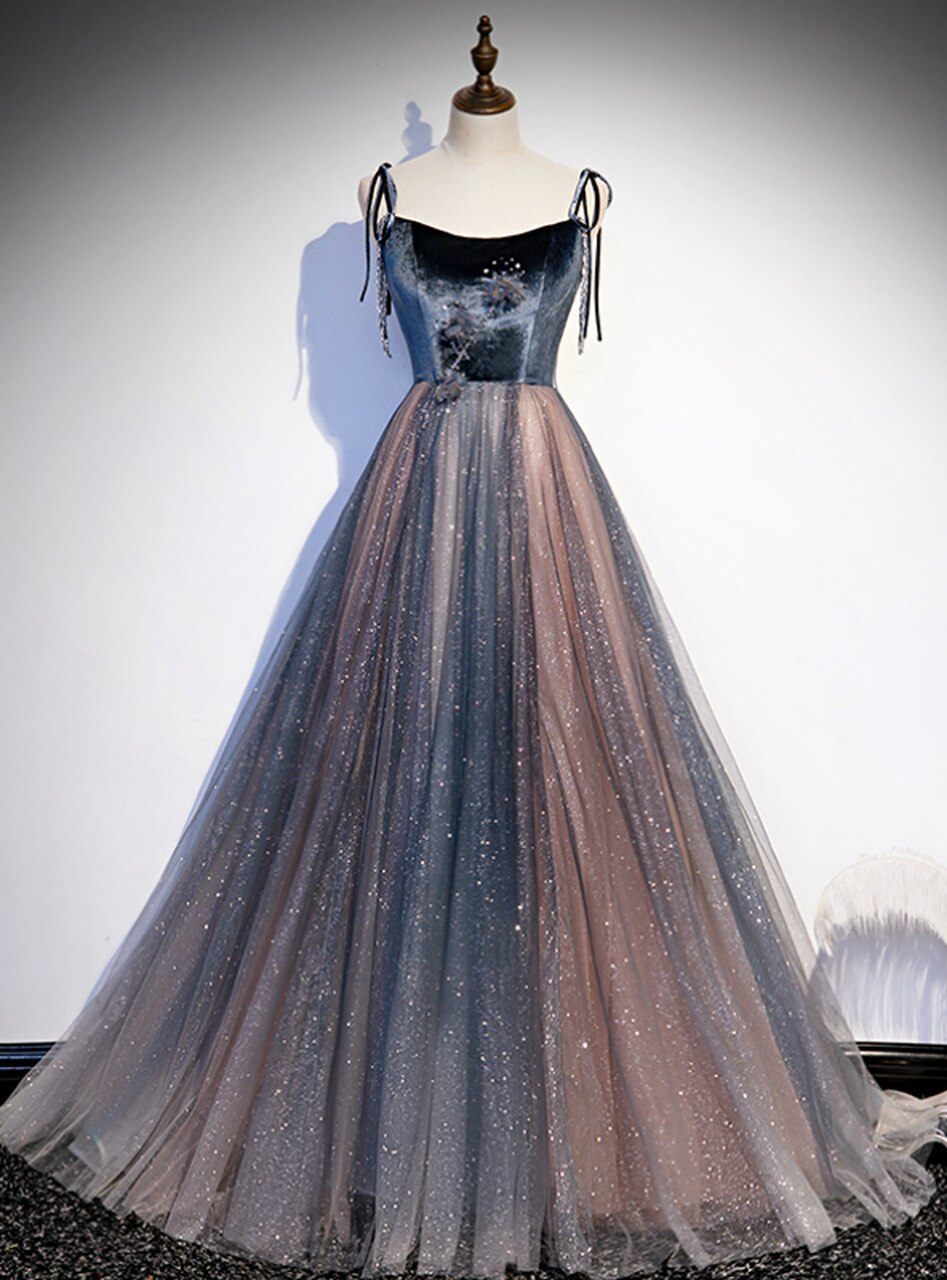 Beautiful Blue Velvet and Shiny Tulle Spaghetti Straps Beading Prom Dress, Blue Formal Dresses