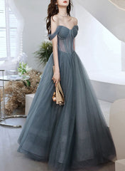 Beautiful Grey-Blue Tulle Sweetheart Shiny Off Shoulder Prom Dress, A-line Party Dress Evening Dresses