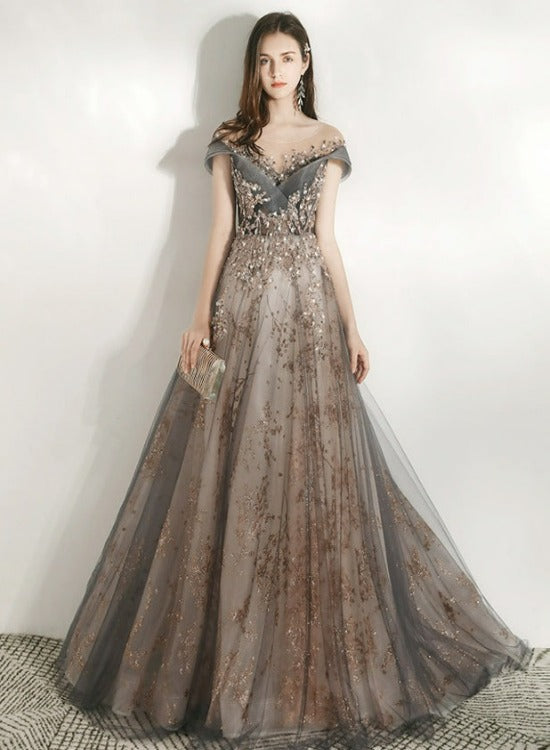 Beautiful Grey Shiny Tulle and Lace Long Formal Dress Party Dress, V-neckline Prom Dress 2022