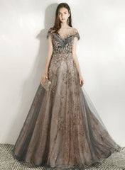 Beautiful Grey Shiny Tulle and Lace Long Formal Dress Party Dress, V-neckline Prom Dress 2022