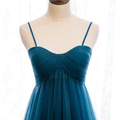 Beautiful Teal Blue Tulle Straps Long High Waist Prom Dress, Blue Evening Party Dresses