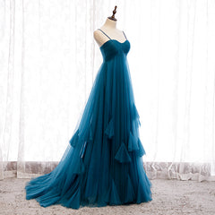 Beautiful Teal Blue Tulle Straps Long High Waist Prom Dress, Blue Evening Party Dresses