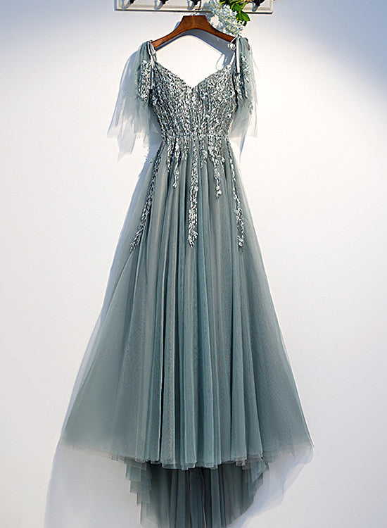 Custom Beautiful Tulle Lace Beaded Tea Length Straps A-line Prom Dress, New Style Junior Party Dresses