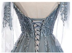 Beautiful Tulle Lace Beaded Long Straps A-line Prom Dress, New Style Junior Party Dresses