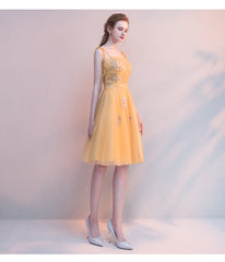 Beautiful Yellow Tulle with Lace Applique Short Party Dress, Yellow Homecoming Dresses