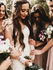 Beautiful Tulle Lace Ivory V-neck Long Sleeves Wedding Dresses, Bridal Gowns TN293