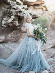 Beautiful Lace Top Short Sleeves Prom Dress A Line Wedding Dresses TN136
