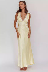 Beautiful lace edge satin super long suspender deep V-neck invisible side zipper Prom Dresses